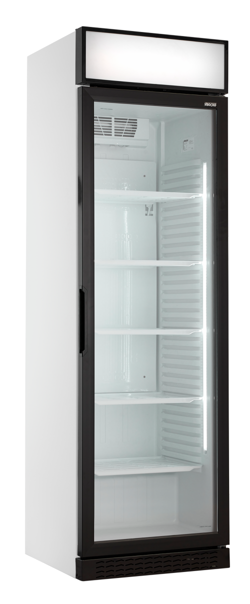 Displaykøleskab med fem hylder og indbygget håndtag.