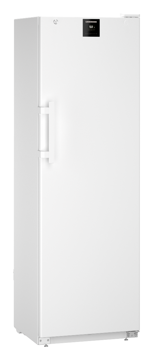 Hvidt laboratoriekøleskab med skummet og selvlukkende dør.