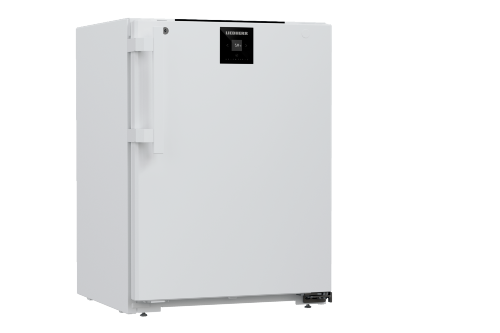 Mindre laboratoriekøleskab med skummet dør.